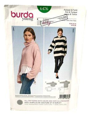 Burda 6476 Pattern Misses  Pullover Top Tunic  Size 8 10 12 14 16 18